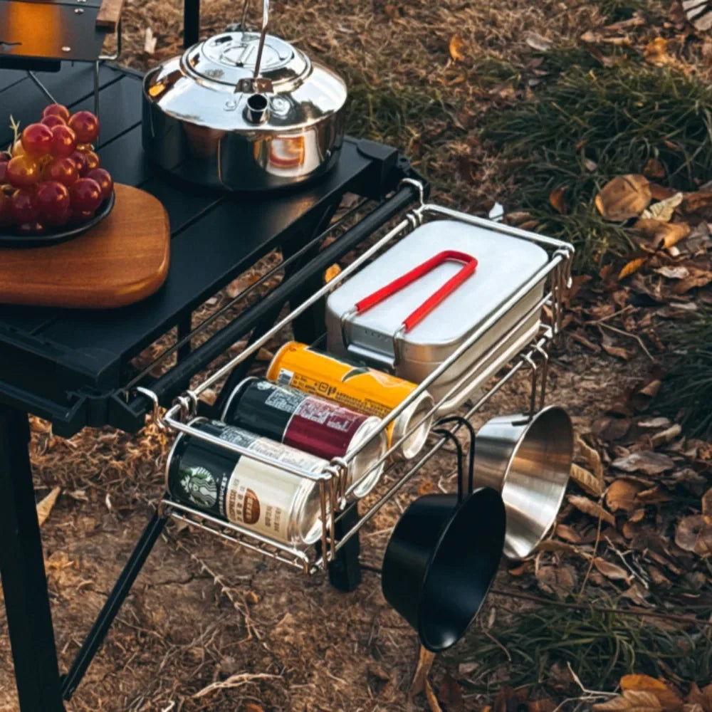 Outdoor Aluminum Table Side Storage Rack - Hanging Mesh Basket Extension Bracket for IGT Folding Tables, Camping & Travel Gear