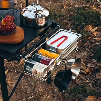 Outdoor Aluminum Table Side Storage Rack - Hanging Mesh Basket Extension Bracket for IGT Folding Tables, Camping & Travel Gear