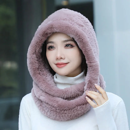 2025 Women’s Knitted Rex Rabbit Fur Hat – Hooded Scarf with Neck Collar, Long Winter Warm Fur Hat & Scarf Set