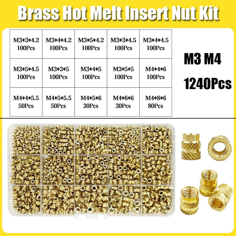 Brass Threaded Insert Nut Kit M2–M8 – Heat Set Knurled Copper Nuts for 3D Printing & Plastic Injection