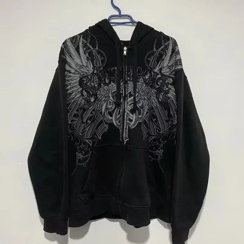 Y2K Harajuku Skull Embroidered Padded Coat - Vintage Hip Hop Faux Fur Collar Casual Couple Jacket