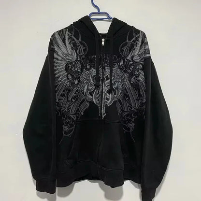Y2K Harajuku Skull Embroidered Padded Coat - Vintage Hip Hop Faux Fur Collar Casual Couple Jacket