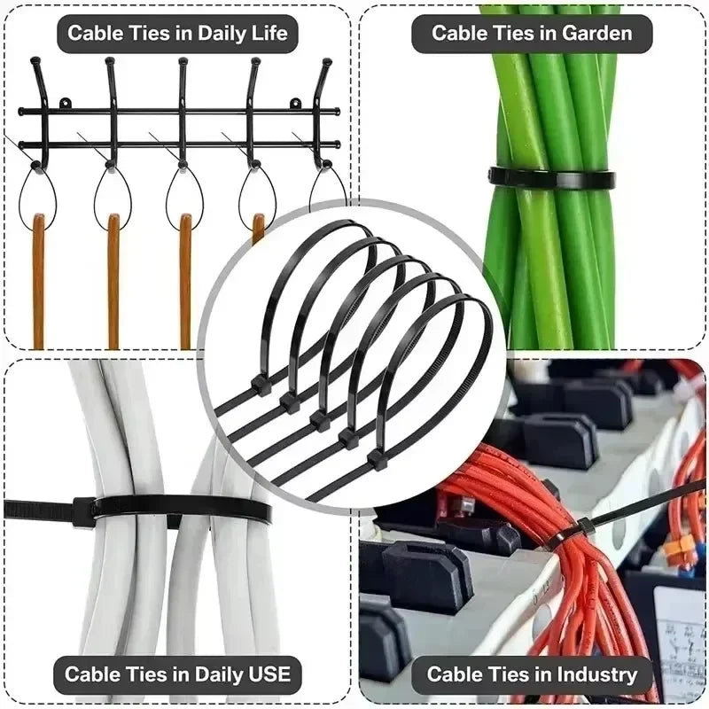 Heavy Duty Nylon Cable Ties 100–500PCS – Strong Adjustable Plastic Clamping Wraps & Fixation Tie Straps for Cable Management