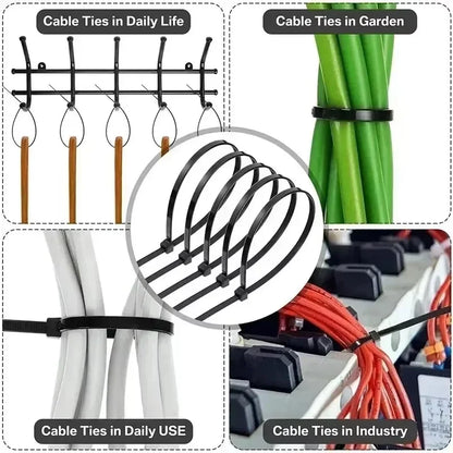 Heavy Duty Nylon Cable Ties 100–500PCS – Strong Adjustable Plastic Clamping Wraps & Fixation Tie Straps for Cable Management