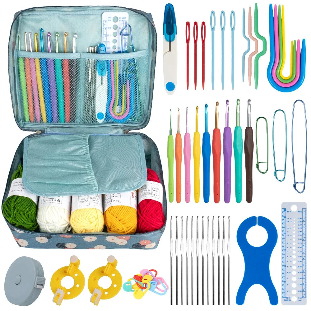 Knitting Crochet Hook Set - DIY Sewing Craft Tools with Bag, Ergonomic Handles & Blunt Needles