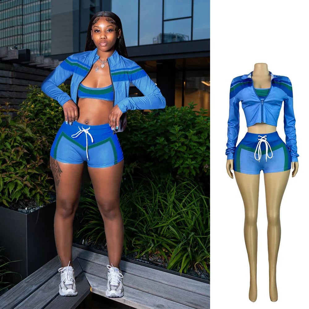 2025 Trending Women’s Summer 3-Piece Tracksuit – Color Block Sports Bra, Jacket & Shorts Gym Workout Set