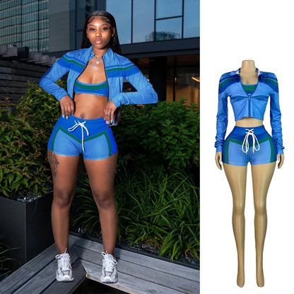 2025 Trending Women’s Summer 3-Piece Tracksuit – Color Block Sports Bra, Jacket & Shorts Gym Workout Set