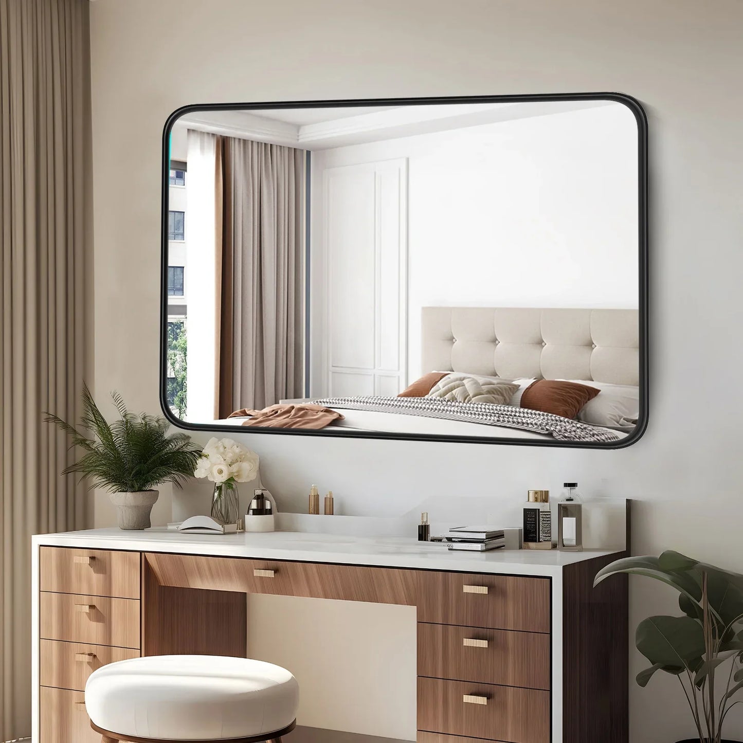 30x40" Large Rectangle Wall Vanity Mirror – Matte Metal Frame, Tempered Glass, Modern Living Room Decor