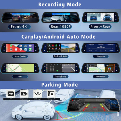 10" 4K Dash Cam Car DVR – 3840x2160P, CarPlay, Android Auto, GPS, 5G WiFi, AUX, Rearview Mirror Dash Camera, FM Recorder