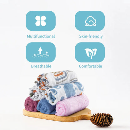 Elinfant 5-Piece Gift Set: Bamboo Cotton Muslin Bibs & Burp Cloths - 100% Cotton, 60x60cm, 2 Layers, Baby Scarf Handkerchief
