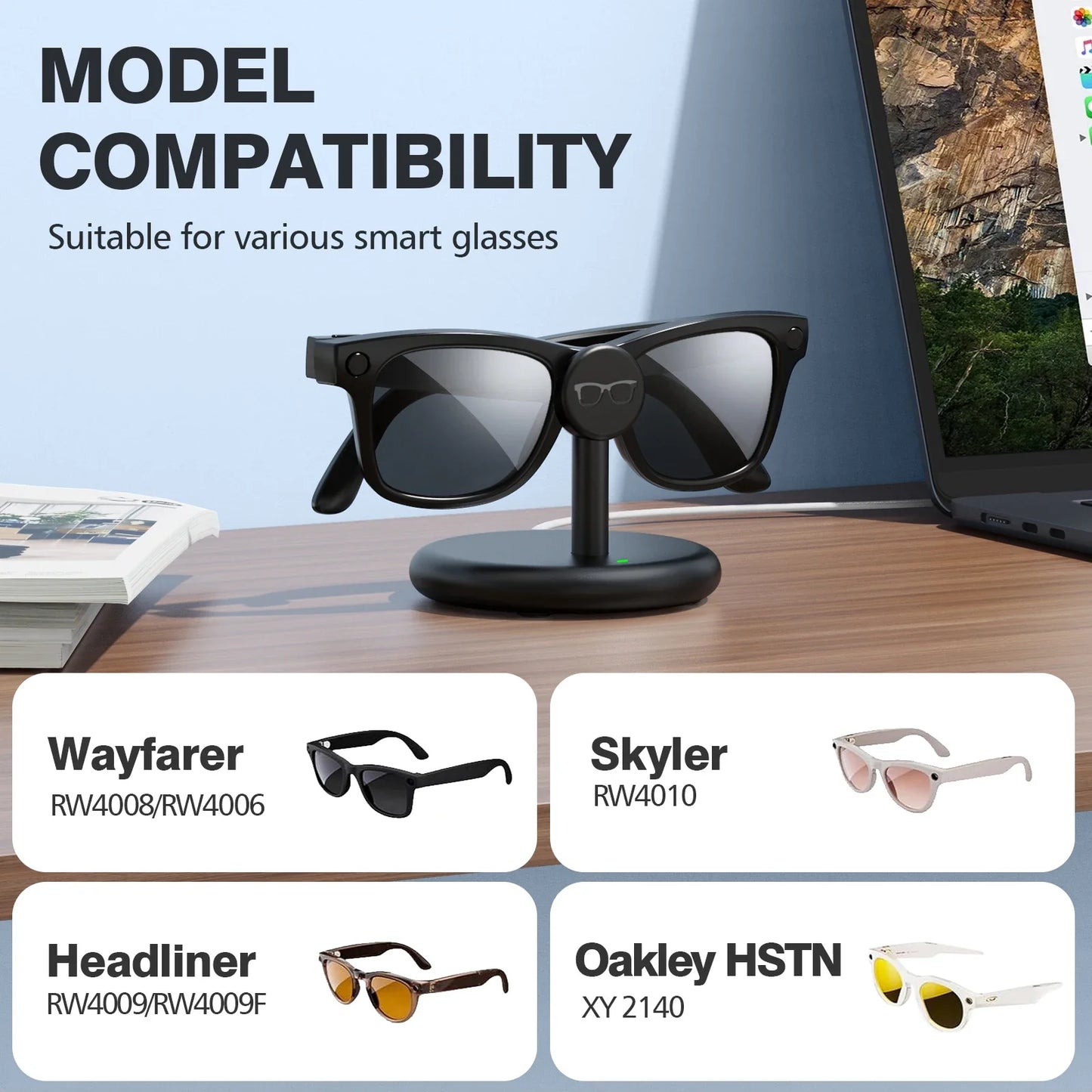 HUADAI Charging Stand for Ray-Ban Meta & Oakley Glasses – Compatible with Wayfarer, Skyler, HSTN, Headliner GEN1 & GEN2 (RW4006, RW4008, RW4010, XY2140)