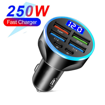 66-250W PD Car Charger – QC3.0 Fast Charge, 1-to-6 Cigarette Lighter Plug with Digital Display