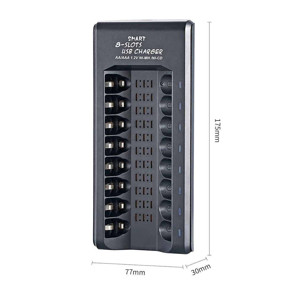 8-Slot Fast USB Rechargeable Battery Charger – AA/AAA NiMH 1.2V with Short Circuit Protection & USB Output