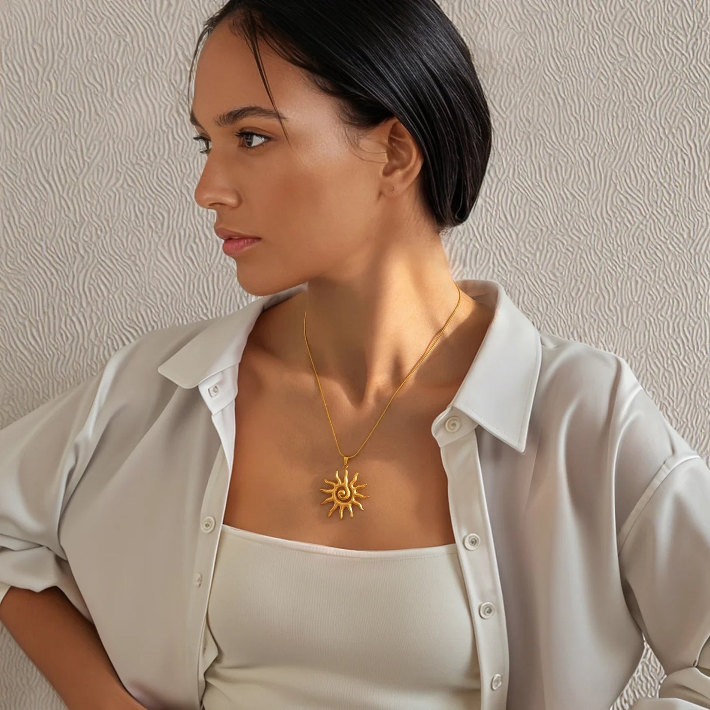 Spiral Sun Pendant Necklace for Women – 18K Gold Plated Hypoallergenic Stainless Steel Boho Daily Wear Jewelry Gift