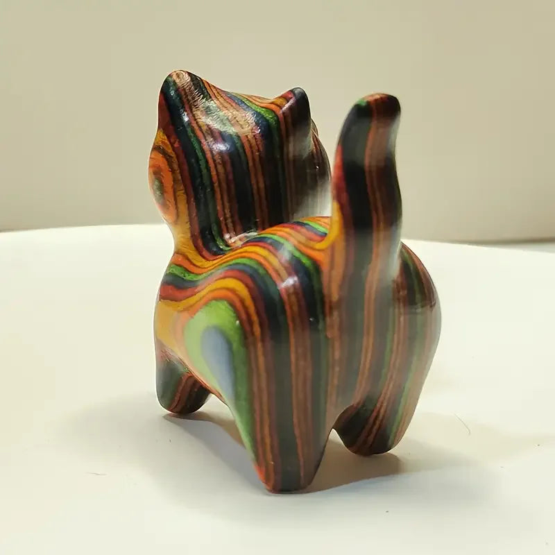 Painted Wooden Kitten Sculpture - Cute Small Cat Statue for Home, Entryway and Festival Decor