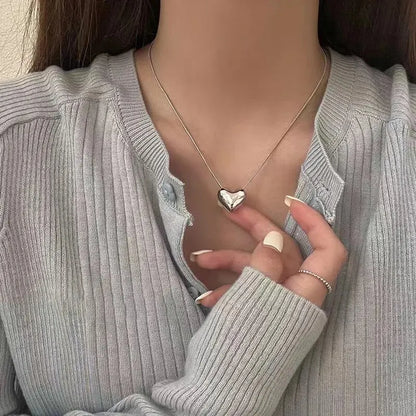 Silver Heart Pendant Necklace for Women – Trendy Korean Snake Chain Choker Jewelry