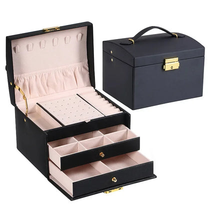 Multi-Functional Three-Layer Leather Jewelry Box – Drawer Style Organizer with Lock for Earrings