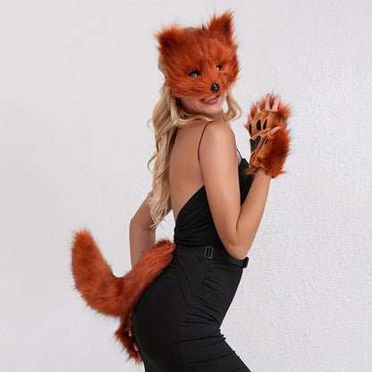 5pcs Fluffy Fur Fox Tail & Cat Paws Gloves Set — Wolf Mask Halloween Cosplay Costume Accessories for Theme Party Dress-Up