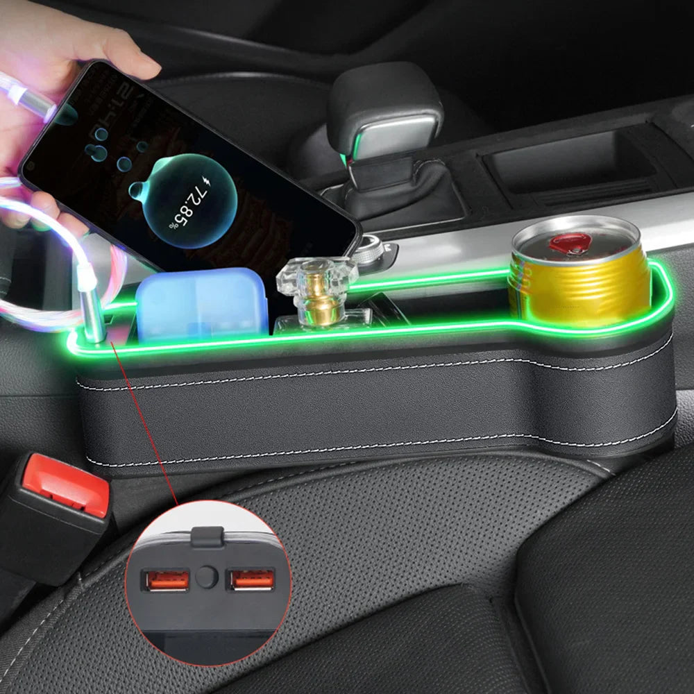 Car Crevice Storage Box with 2 USB Charger – LED Seat Gap Organizer, Phone, Bottle, and Cup Holder
