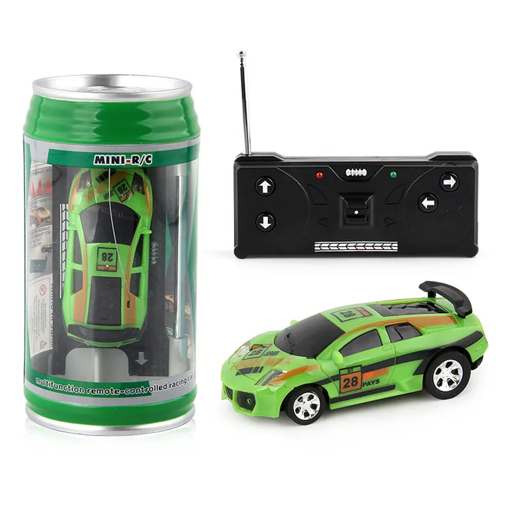 Coke Can Mini RC Car — Battery-Operated Plastic Remote Control Racing Vehicle with Roadblocks, Micro Racing Toy for Kids & Boys