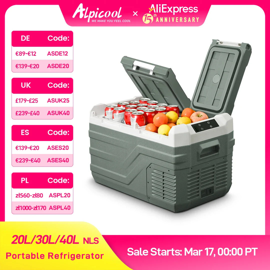 Alpicool NLS 20L/30L/40L Portable Car Refrigerator – 12V Mini Fridge Freezer with Compressor for Camping, Travel & Outdoor Use
