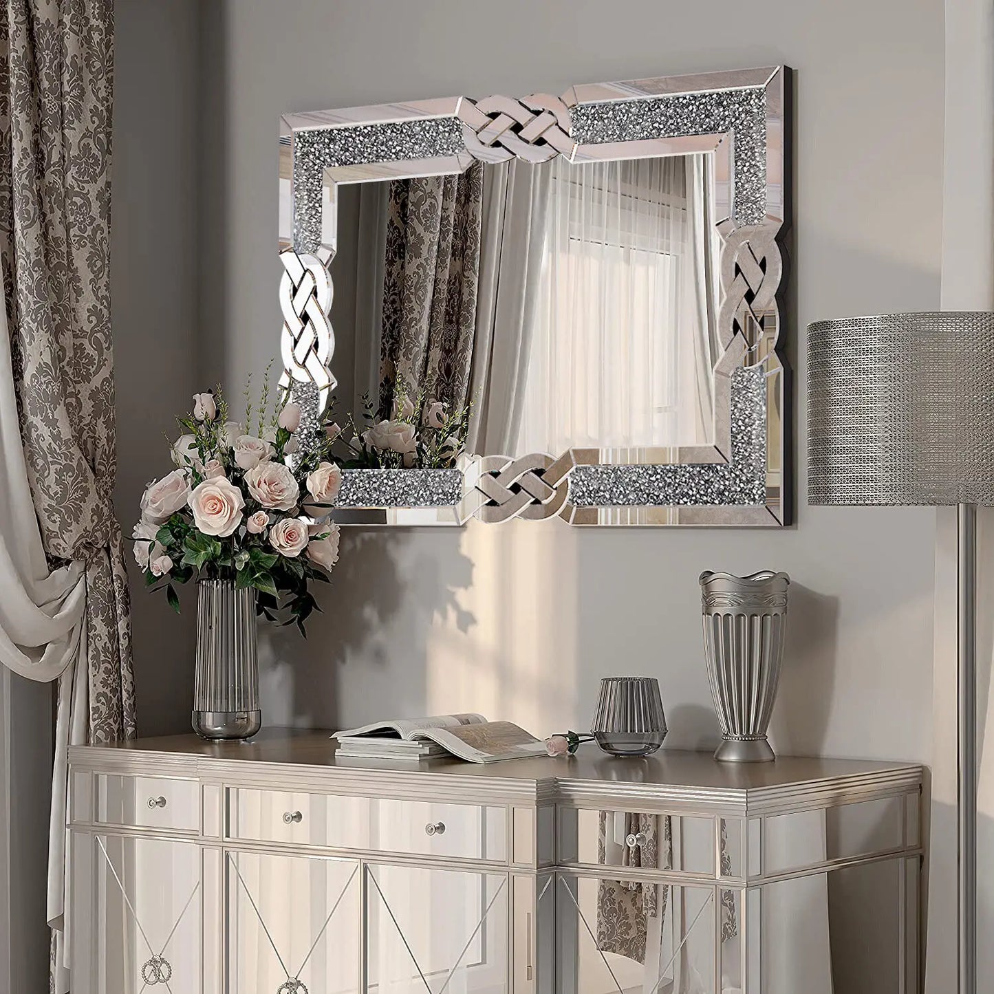 LUVODI Large Full-Body Wall Mirror — Artistic Silver Diamond Crush Bathroom Vanity Mirror