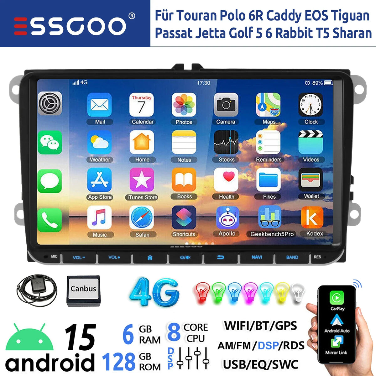 9" Android 15 Car Stereo - 6GB+128GB Wireless CarPlay GPS WiFi Bluetooth FM for VW