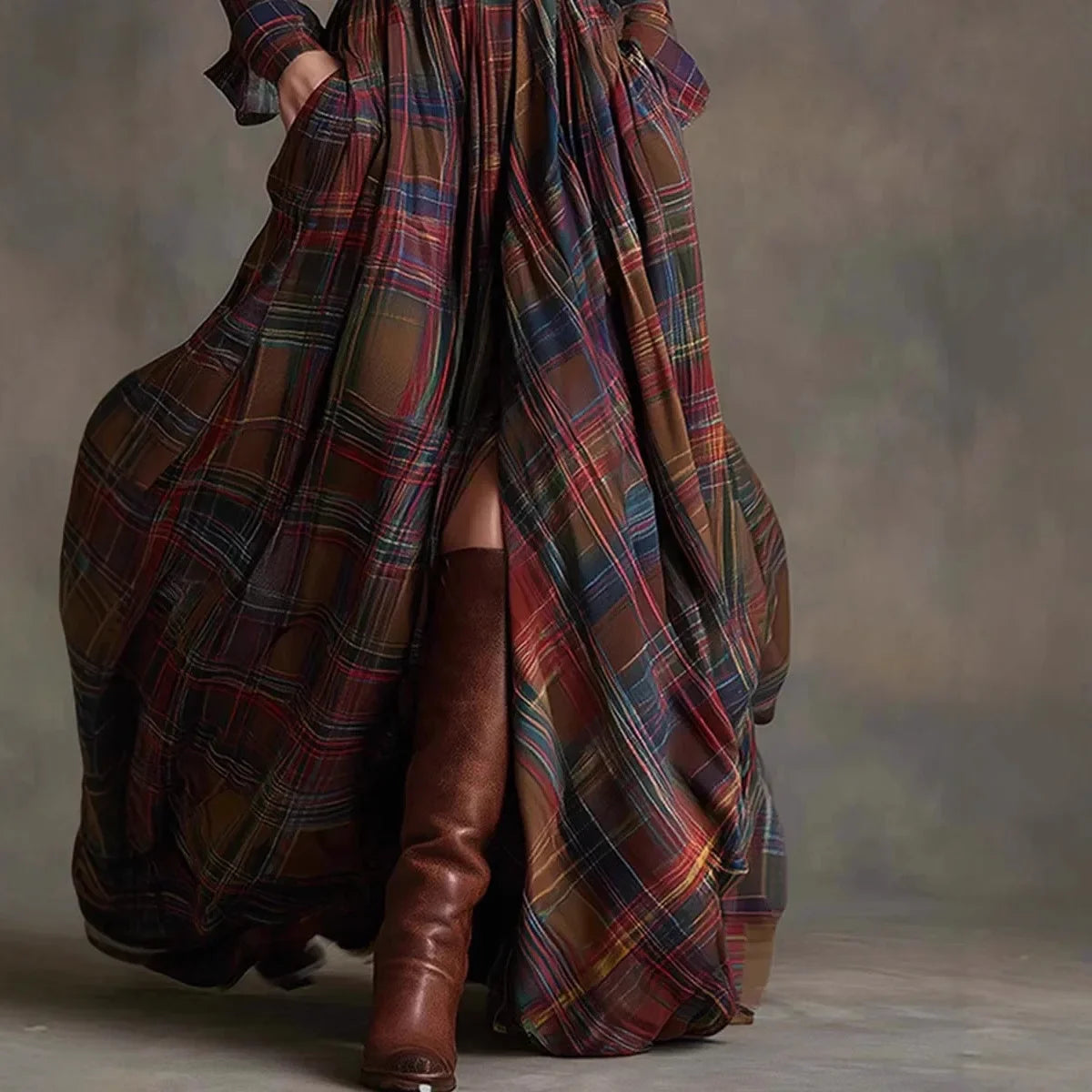 Women’s Plaid Maxi Shirt Dress – Autumn Casual Long Sleeve Button Pocket Lapel Retro Dress