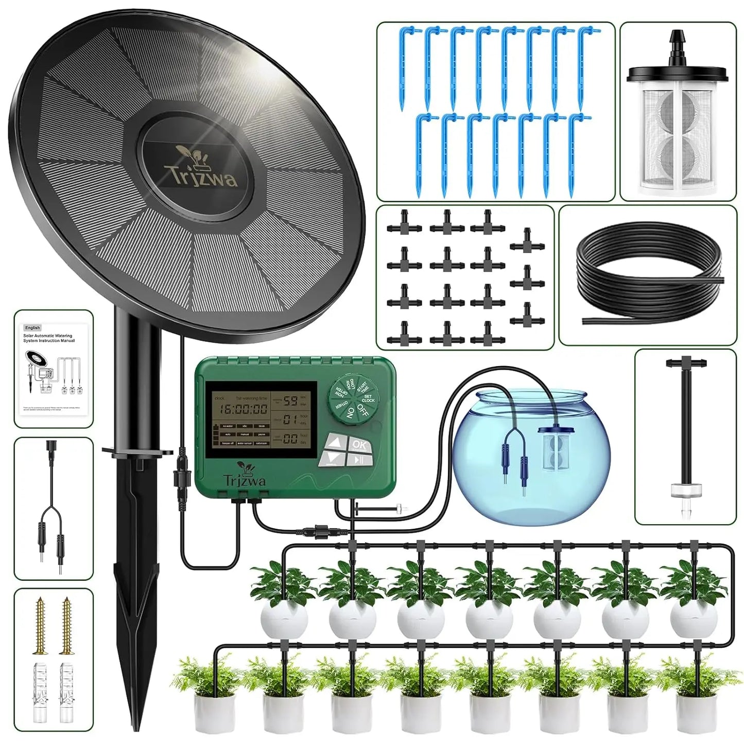 Solar Drip Irrigation System Kit – Automatic DIY Garden Watering Timer with Display Screen for Plants & Travel Use