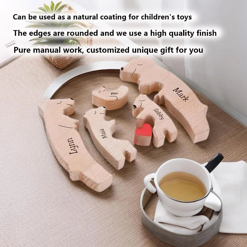 Personalized Wooden Bear Family Puzzle – Custom Name Home Decor, Thanksgiving & Christmas Gift for Mom & Baby