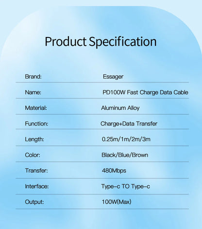 Essager USB-C Cable 100W PD QC 4.0 – Fast Charging Type-C Cable for MacBook Pro, Samsung, Xiaomi