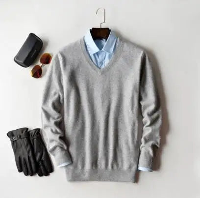 Men’s Classic V-Neck Pullover Sweater – 2024 Autumn Winter Cashmere-Cotton Blend Warm Jumper