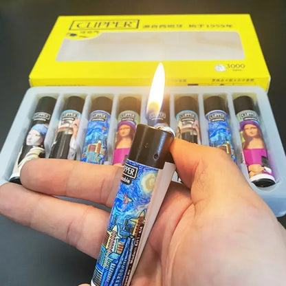 Original Spanish Clipper Refillable Gas Lighter – Personality Pattern 8-Piece Boxed Set Smoking Collection Gift Wholesale Lighter Pack
