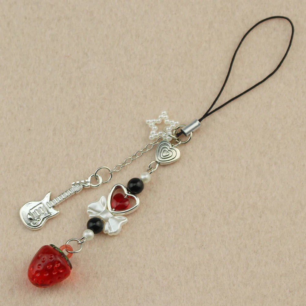 Ai Yazawa Nana Anime Heart & Strawberry Phone Charm Keychain – Y2K Handmade Jewelry