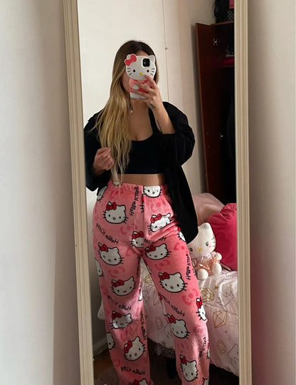 Y2K Hello Kitty Sanrio Pajama Pants – Women’s Anime Cartoon Sleepwear, Cozy Couple Home Trousers
