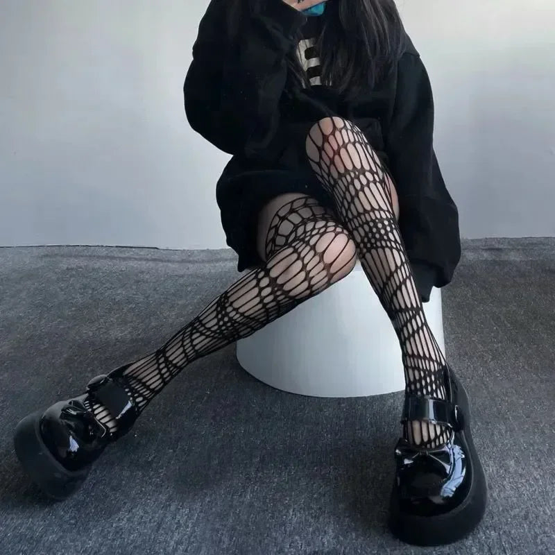 Lolita Gothic Fishnet Stockings - Black Sheer Over Knee Tights for Women