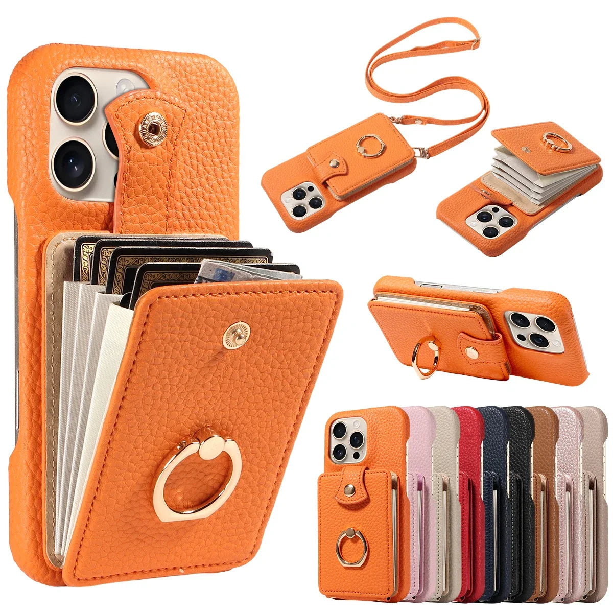 PU Leather iPhone Case with Ring & Card Slots – Anti-Fall Wallet Cover for iPhone 16 Pro Max, 15, 14, 13, 12, 11, 7, 8 Plus & 16e