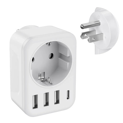 Travel Adapter USA to Europe — 3 USB + 1 Type-C Wall Socket Power Converter for America, Canada, Mexico