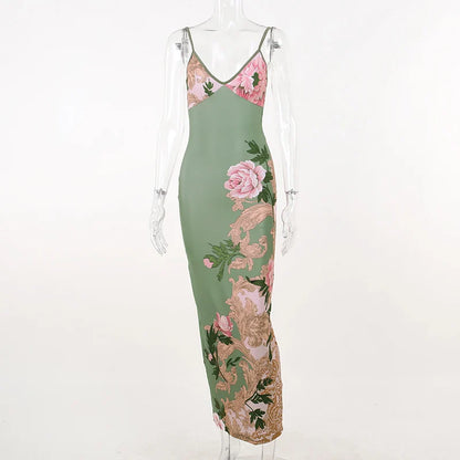 Summer Style Staple: Sleeveless Print Suspender Dress - V-Neck Slim Long Skirt, Women's Beach Party Club Robe (Style: JY23159SK)