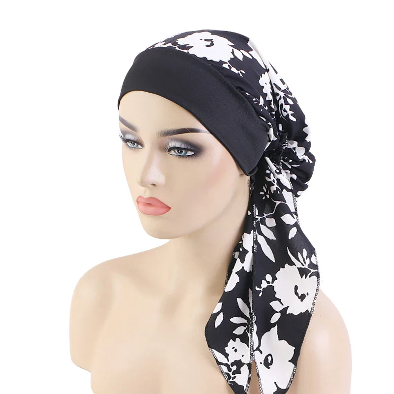 Women’s Pre-Tied Turban Cap – Muslim Hijab & Chemo Hair Loss Head Scarf with Flower Print Stretch Bandana