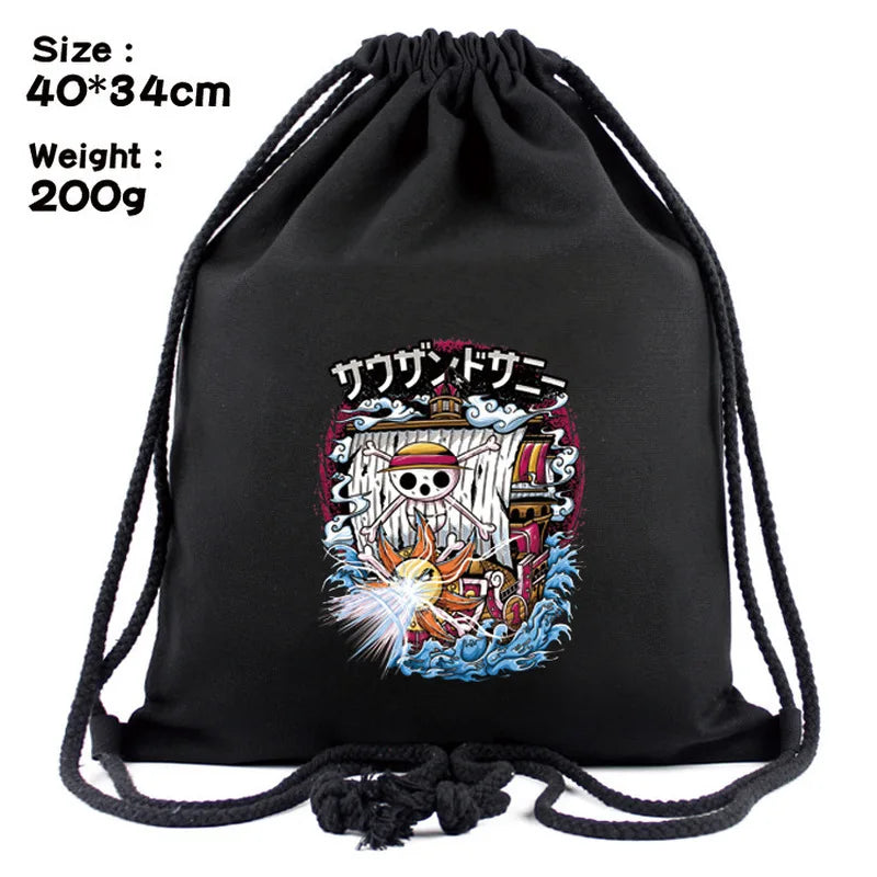 One Piece Luffy Anime Drawstring Backpack — Full-Color Cartoon Storage Bag with Pocket