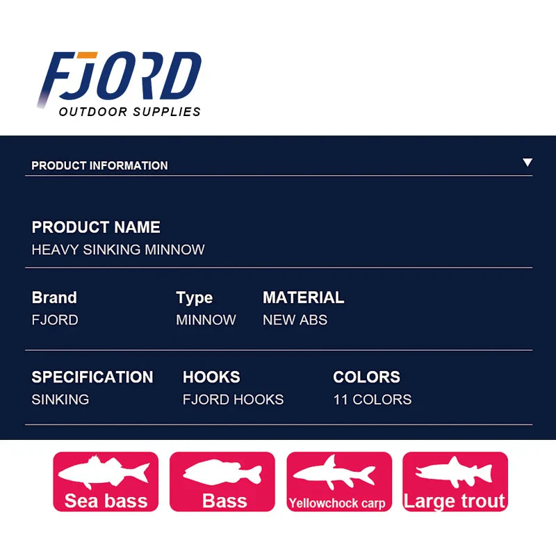 FJORD Heavy Sinking Minnow Fishing Lures – 110S 37g, 90S 29g, 70S 17g Saltwater & Freshwater Jerkbait