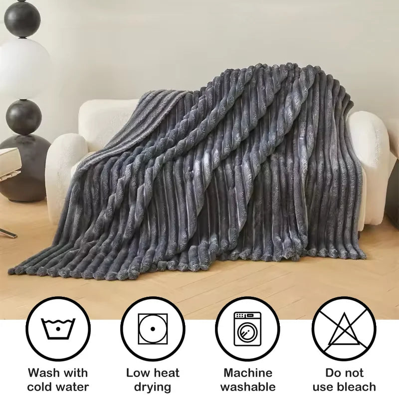 Soft & Warm 250GSM Throw Blanket – Fluffy Decorative Striped Blanket for Bed, Winter Nap & Sleep