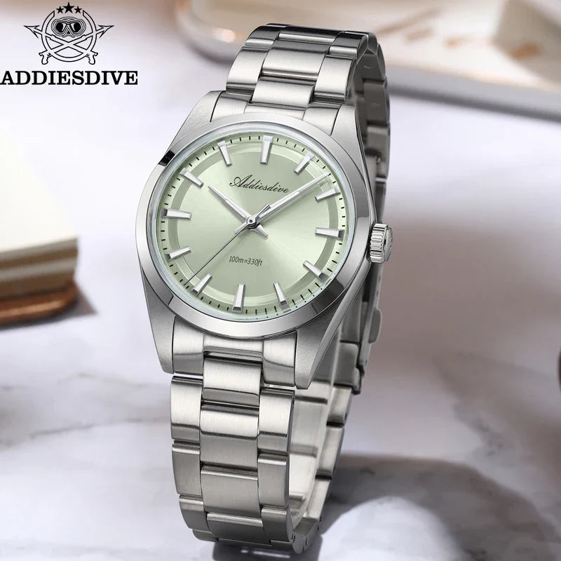 ADDIESDIVE 36MM Men's Stainless Steel Quartz Watch — Luxury Bubble Mirror Glass, 100M Waterproof Timepiece AD2066