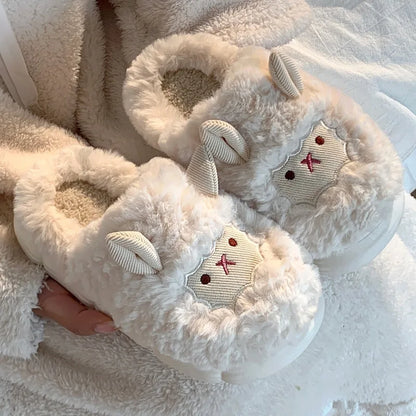Unisex Sheep Fluffy Slippers – Cute Plush Non-Slip Cartoon Slides for Men & Women Winter House Shoes