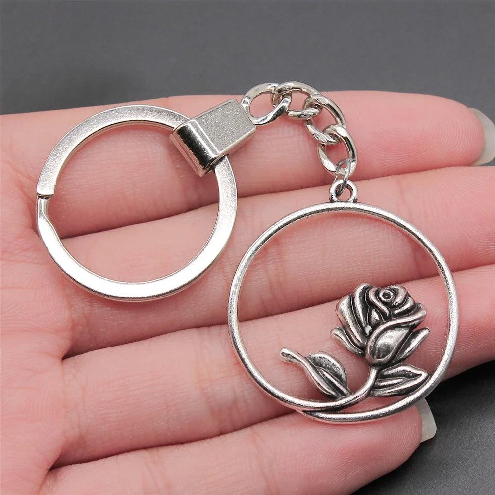 New Fashion Men 30mm Metal Alloy Keychain with Vintage Heart, Flower, Rose, Sunflower & Tree Pendant DIY Keyring Holder Chain Accessory