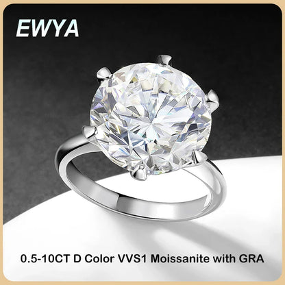 EWYA GRA Certified D Color Moissanite Solitaire Engagement Ring 0.5–10CT — 925 Sterling Silver Bridal Wedding Band for Women