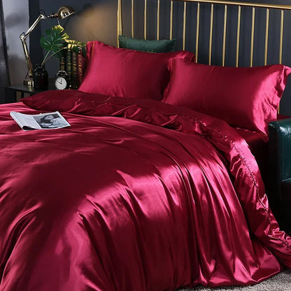 Silk Bedding Set With Duvet Cover - Luxury Satin Bed Sheet Pillowcase Set Solid Color King Queen Twin Size