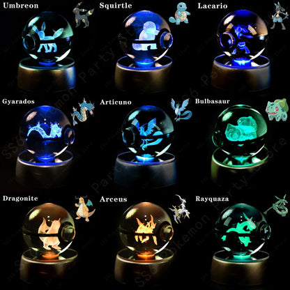 Pokemon Crystal Ball Night Light - 3D Pikachu, Gengar, Mew and Mewtwo Lamp Base, Glass Pokeball Figure, Birthday Gift