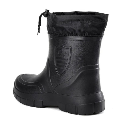 Winter Windproof Cotton Rain Boots for Men, Warm Waterproof Ankle Rain Shoes, Slip-On Fashion Work Boots, 2024
